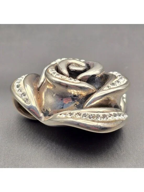 VTG Sterling Silver Electroform Rose Puffy Pendant 1.5" Rhinestones Signed - Picture 2 of 10